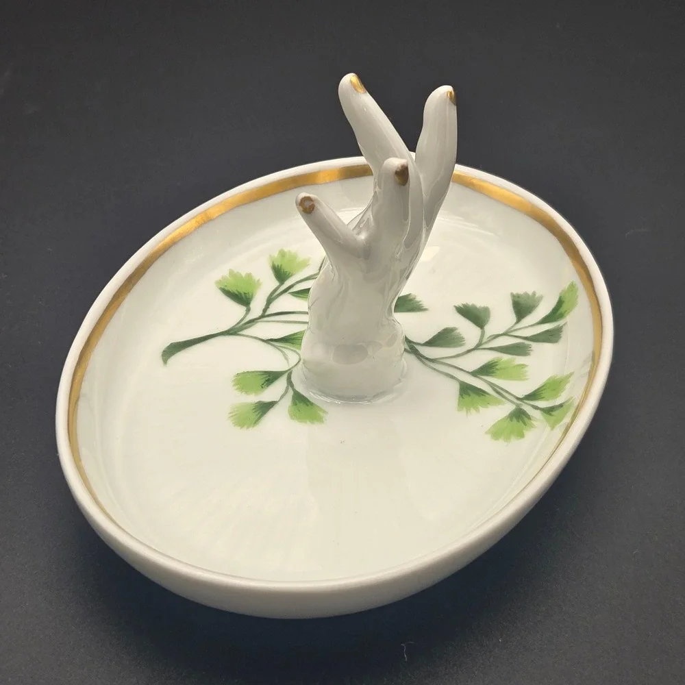 Vintage Porcelain Mini Hand Ring Holder Dish White Gold‎ Trim Made in France 5